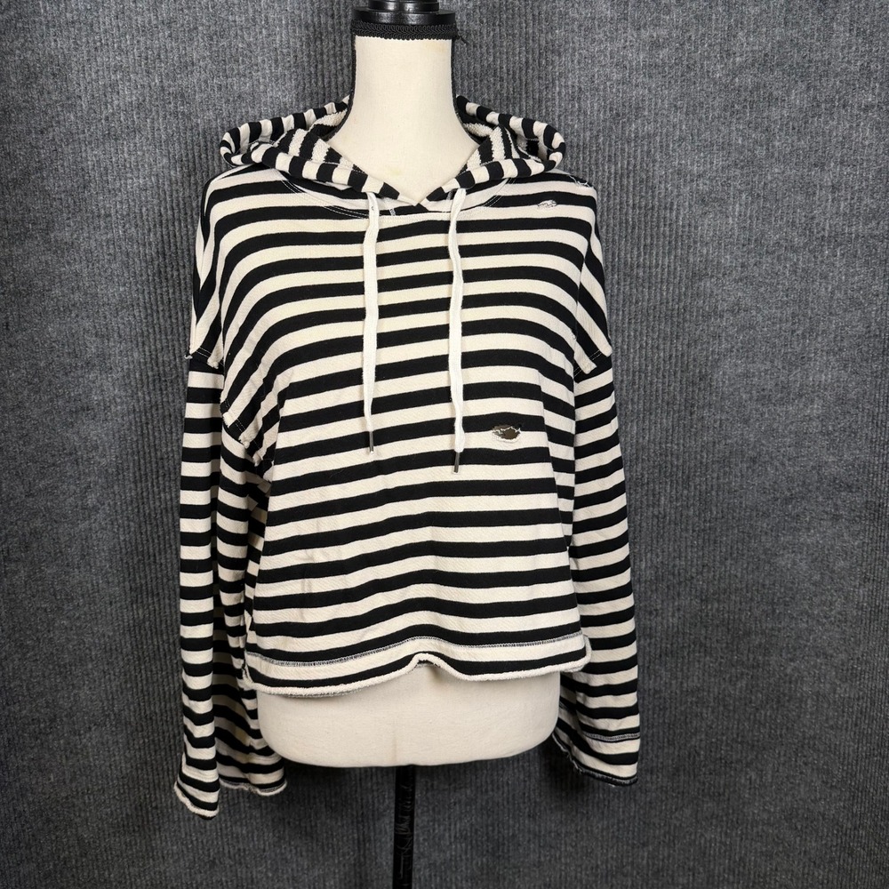Splendid Cropped Hoodie Sweatshirt Womens S Black White Stripe Grunge Punk Emo